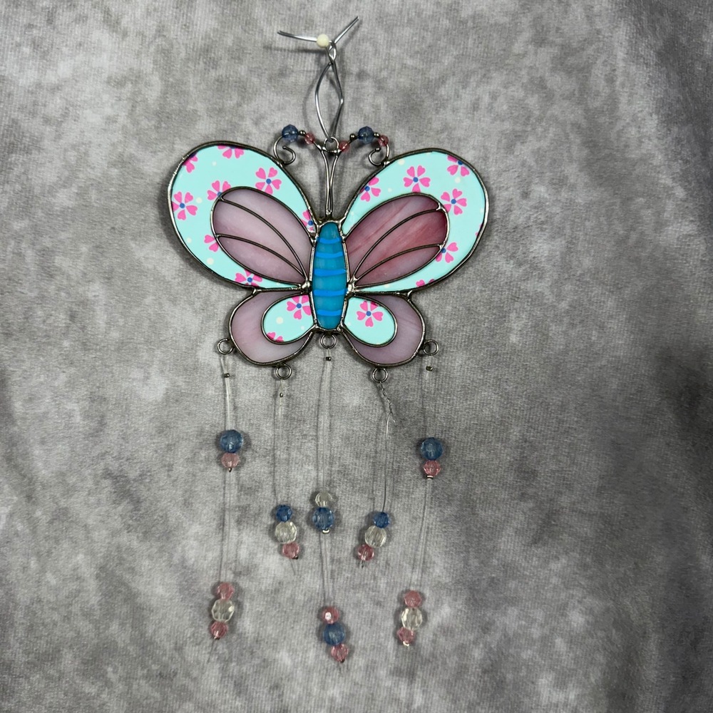 Vtg Butterfly Stained Glass Suncatcher Beaded Floral Pink Blue Window Hanging